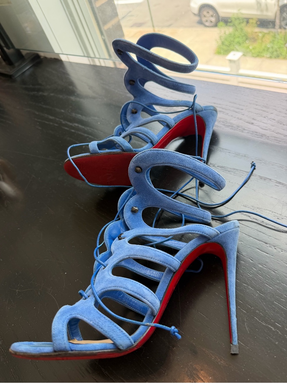 Christian Louboutin AMAZOULO Blue Suede Lace Up High-Heel Sandals 100MM, 38.5 ๐ - Picture 2 of 8